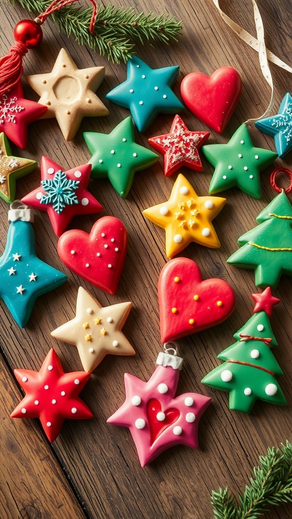 Handmade clay Christmas ornaments in different shapes and colors on a wooden table.